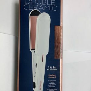 Conair Flat Iron 1 1/4 inches wide plates, temperature goes up to 410 degrees.